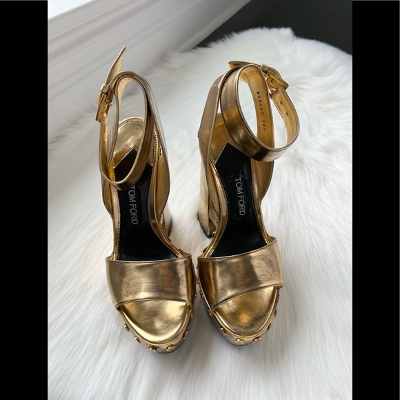 Tom Ford Women's Gold Metallic Ankle-Wrap Plataform Sandal Size 38.5 - Picture 5 of 11
